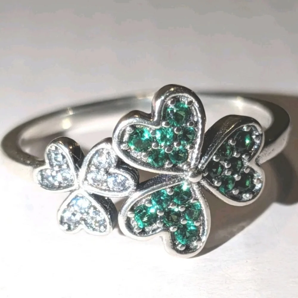 St Patrick Shamrock Irish Green CZ Flower Lucky Clover Ring 925 Sterling Silver